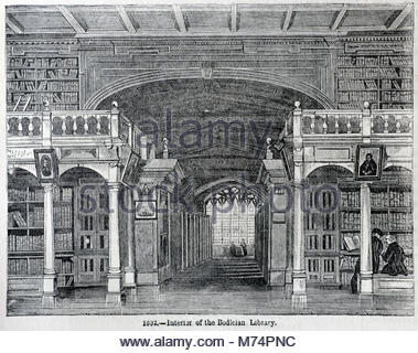 Interno della biblioteca Bodleian, Università di Oxford 1602, antica incisione da 1860 Foto Stock