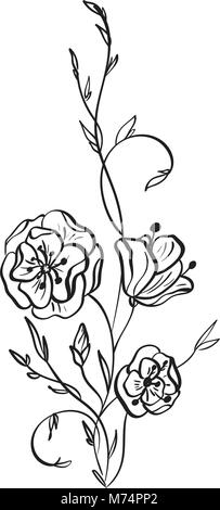 Disegnata a mano Wild rose fiori disegno vettoriale e disegno con linea-arte su sfondi bianchi Illustrazione Vettoriale