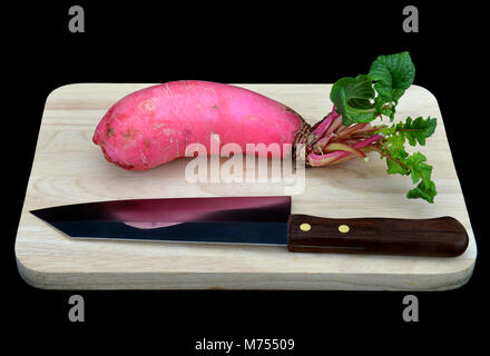 Il fresco di ravanello rosa per cucinare insieme in studio in sfondo nero Foto Stock