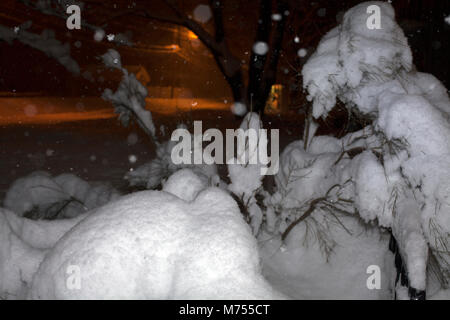 Scena notturna durante una forte tempesta di neve in New England. Foto Stock