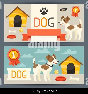 Banner orizzontale con cute cane, icone e oggetti Illustrazione Vettoriale