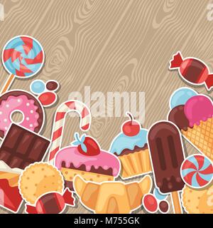 Sfondo con adesivo colorato caramelle, dolci e torte Illustrazione Vettoriale