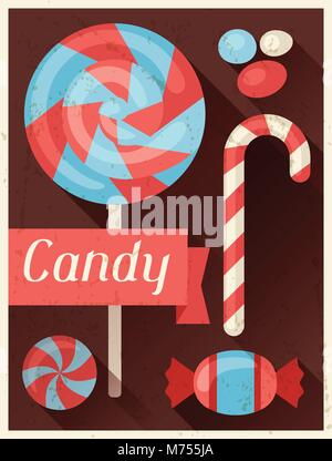 Candy retrò sfondo poster design in stile piatto Illustrazione Vettoriale