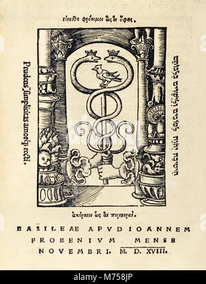 Stampante il marchio di Johann Frobens (c.1460 - 1527) mostra due mani tenendo il caduceo dal 1518 terza edizione di "Utopia" da Sir Thomas More (1478-1535) pubblicato per la prima volta nel 1516. Xilografia di Hans Holbein il Giovane (c.1497-1543). Vedere ulteriori informazioni qui di seguito. Foto Stock