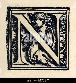 Illuminata 'N' dal 1518 Basilea terza edizione di "Utopia" da Sir Thomas More (1478-1535) pubblicato per la prima volta nel 1516. Xilografia di Hans Holbein il Giovane (c.1497-1543). Vedere ulteriori informazioni qui di seguito. Foto Stock