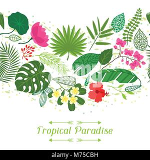 Paradiso tropicale card con foglie stilizzate e fiori Illustrazione Vettoriale