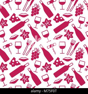 Modello senza cuciture con vino e cibo icone. Sfondo per schede, decorazione, menu, web banner e disegni relativi al vino. Illustrazione Vettoriale. Illustrazione Vettoriale