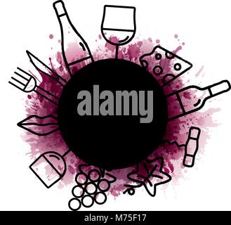 Concetto con cibi e bevande icone. texture di sfondo di macchie di vino. Illustrazione Vettoriale. Illustrazione Vettoriale