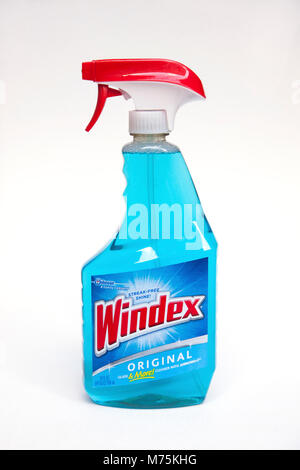 Spray di plastica bottiglia di Windex, vetro originale e detergente per vetri. Foto Stock