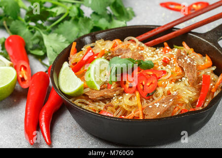 Piccante (amido di riso e patate) tagliatelle con manzo e verdure - peperoni, carote, zucchine, sesamo, calce, il peperoncino, il coriandolo e la salsa di soia. Asian c Foto Stock