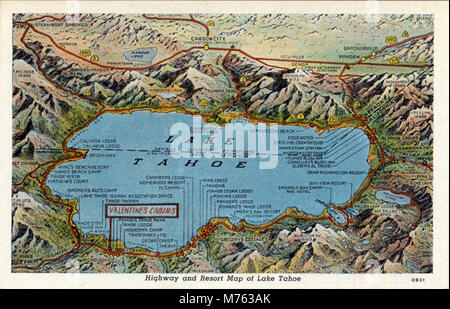 Mappa del lago Tahoe, Nevada, che mostra autostrade e località turistiche, evidenziando la geografia e il turismo regionale. Foto Stock