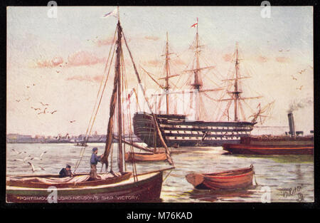 Fotografia che mostra la nave ammiraglia di Lord Nelson, HMS Victory, attraccata a Portsmouth, Inghilterra. Questa iconica nave da guerra britannica è famosa per il suo ruolo nella battaglia di Trafalgar durante le guerre napoleoniche. Foto Stock