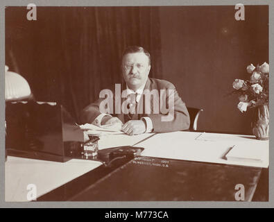 Un ritratto formale della testa e delle spalle di Theodore Roosevelt seduto ad una scrivania, di fronte allo spettatore, simboleggiando la sua immagine presidenziale. Foto Stock