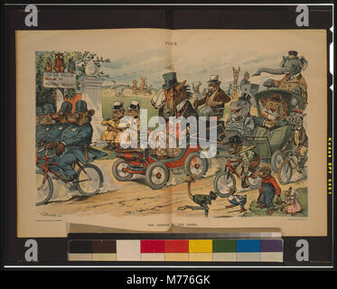 Una litografia di J.S. Pughe, che illustra il passaggio dell'era dei cavalli, raffigurante il passaggio dal trasporto trainato da cavalli alle alternative moderne. Foto Stock