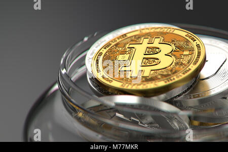 Golden bitcoin sulla sommità della pila cryptocurrencies tenuto in un vaso in sfocata close-up shot. Cryptocurrency Concetto di investimento. Il rendering 3D Foto Stock