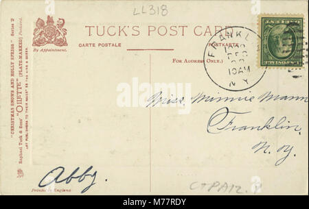 Questo biglietto d'auguri natalizio della serie "Christmas Snows and Holly Sprigs Series" presenta scene innevate e ramoscelli di agrifoglio, che evocano lo spirito festivo del Natale. La scheda fa parte di una serie di saluti di stagione. Foto Stock