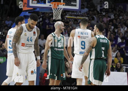 Durante Euroligue partita giocata tra Real Madrid vs Panathinaikos al Palacio de los Deportes giovedì 8 marzo, 2018 a Madrid, Spagna. Credito: Gtres Información más Comuniación on line, S.L./Alamy Live News Foto Stock