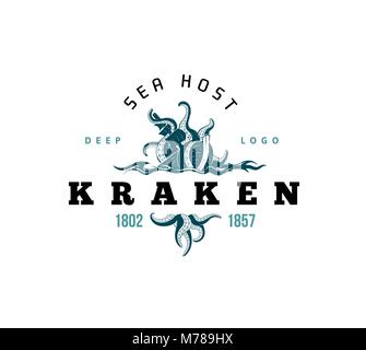 Giant male kraken logo, silhouette octopus mostro marino con tentacoli Illustrazione Vettoriale