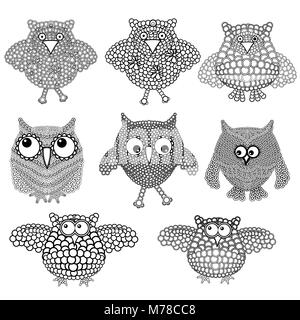 Set di otto divertenti ornati in bianco e nero di gufi con cerchi isolato su uno sfondo bianco, illustrazione vettoriale Illustrazione Vettoriale