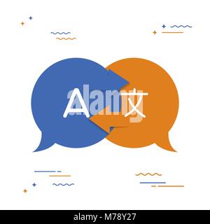Comunicazione internazionale il concetto di traduzione illustrazione. Lingua straniera icone di conversazione in chat forme di bolla. EPS10 vettore. Illustrazione Vettoriale