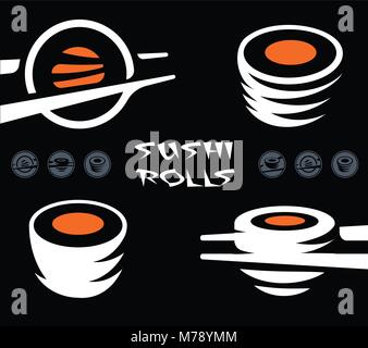 Piatto giapponese icon set, freddo di riso cotto con crudo pesce rosso guarnire. Il Sushi e rotoli bar stilizzato logo vettoriale modello. Illustrazione Vettoriale