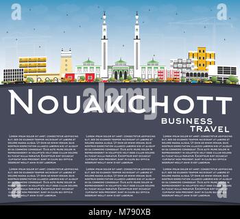 Nouakchott Mauritania skyline della città con edifici di colore, il blu del cielo e spazio di copia. Illustrazione Vettoriale. Viaggi di affari e turismo Concept Illustrazione Vettoriale