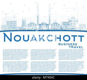 Delineare Nouakchott Mauritania skyline della città con edifici blu e copia di spazio. Illustrazione Vettoriale. Viaggi di affari e turismo Concept Illustrazione Vettoriale