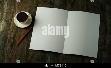 3D render mockup bi-piega doppia piega vuoto verticale foglio di carta A4, brochure, depliant, rivista con una matita rossa e una tazza di caffè su un testo scuro Foto Stock