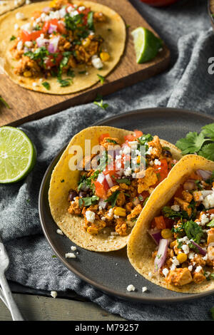 In casa sano Tofu Sofritas Tacos con cipolla Pomodoro e coriandolo Foto Stock