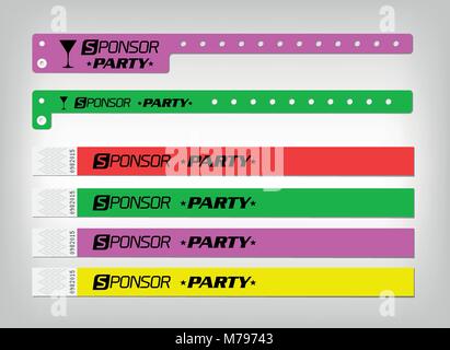 Mockup di differenti tipi di bracciale. Adatto per accesso di sicurezza, di controllo o di identificazione presso gli eventi. Modello di vettore per i vostri disegni. Esempio in Illustrazione Vettoriale