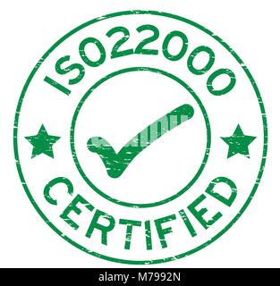 Green Grunge ISO 22000 certificazione con marchio round icona della guarnizione in gomma timbro su sfondo bianco Illustrazione Vettoriale