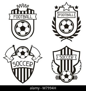 Set di etichette di sport con soccer football simboli. Illustrazione Vettoriale