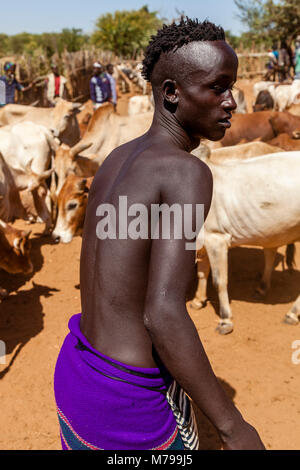 Giovani Hamar uomini Acquisto e vendita di bestiame al settimanale mercato tribale In Dimeka, Valle dell'Omo, Etiopia Foto Stock