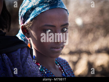 Ritratto di un oromo ragazza adolescente nella parte anteriore del suo villaggio, Amhara Region, Artuma, Etiopia Foto Stock
