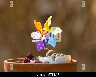 Primo piano di una piccola girandola colorata bloccata in un vaso di fiori Foto Stock