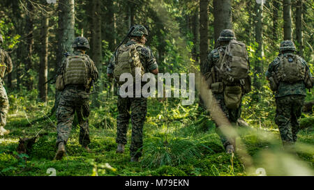 Squadra di cinque completamente equipaggiato i soldati in camuffamento su una ricognizione missione militare, fucili a canna rigata in posizione di tiro. Si muovono attraverso la foresta. Foto Stock