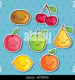 Set di carino kawaii sorridente frutti adesivi Illustrazione Vettoriale