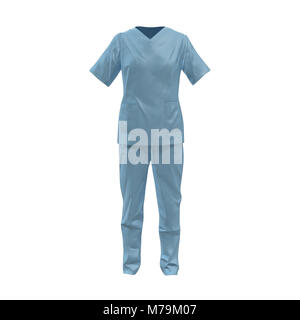 Vista frontale femmina blu uniforme medico macchiato di sangue isolati su sfondo bianco. N. persone. 3D illustrazione Foto Stock