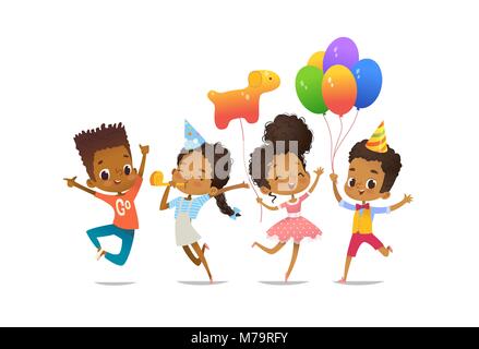 Gruppo di afro-americano di felice ragazzi e ragazze con i palloncini e cappelli di compleanno felicemente salta con le mani alzate. Festa di compleanno illustrazione vettoriale per sito web banner, poster, flyer, invito Illustrazione Vettoriale