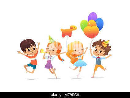 Scuola felici i bambini con i palloncini e cappelli di compleanno con gioia il salto contro uno sfondo bianco. Festa di compleanno illustrazione vettoriale per sito web banner, poster, flyer, invito. Isolato. Illustrazione Vettoriale