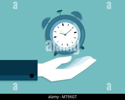 Illustrazione della mano umana tenendo sveglia design piatto Illustrazione Vettoriale