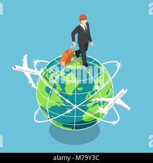 Appartamento 3D isometrica imprenditore con bagagli camminando sul mondo. Business e concetto di viaggio Illustrazione Vettoriale