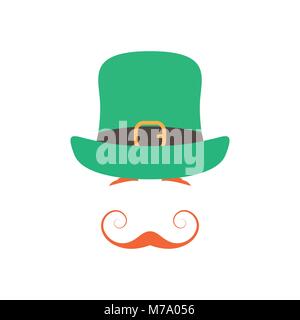 Irlandese con orange grazioso i baffi e il cappello verde su sfondo bianco. La festa di san Patrizio illustrazione. Illustrazione Vettoriale