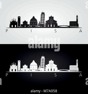 Pisa skyline e punti di riferimento silhouette, design in bianco e nero, illustrazione vettoriale. Illustrazione Vettoriale