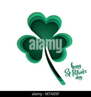 Carta tagliata forme con silhouette di shamrock e lettering felice St.Patrick's Day. Origami concetto design sfondo vettoriale. Illustrazione Vettoriale