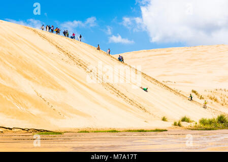 Sabbia-imbarco su dune giganti da Te Paki Stream, vicino a novanta miglia di spiaggia, Isola del nord, Nuova Zelanda Foto Stock