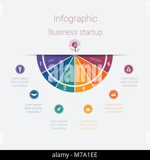 Vettore modello semicerchio infographics startup business concetto con 6 parti, opzioni, passaggi, illustrazione per schema ciclico, un grafico a torta, area char Illustrazione Vettoriale