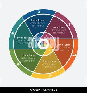 Illustrazione Vettoriale piatto universale agli elementi del modello concettuale Infographics processo ciclico a 6 posizioni possibili da usare per il flusso di lavoro, banner, diagramma, Illustrazione Vettoriale