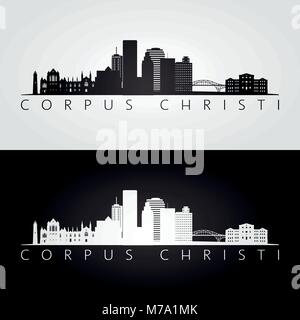 Corpus Christi usa skyline e punti di riferimento silhouette, design in bianco e nero, illustrazione vettoriale. Illustrazione Vettoriale