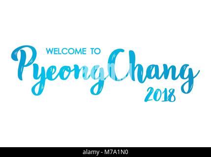 Benvenuto a PyeongChang 2018, Corea del Sud. Disegnato a mano la calligrafia pennello. Illustrazione Vettoriale. Illustrazione Vettoriale